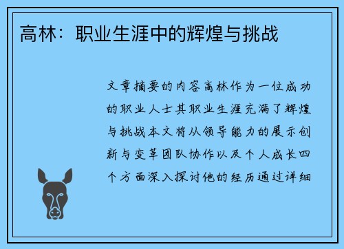 高林：职业生涯中的辉煌与挑战