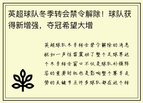 英超球队冬季转会禁令解除！球队获得新增强，夺冠希望大增